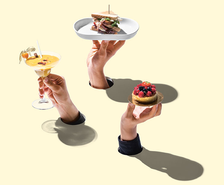 Collage &ndash; Four hands present diverse snacks (photo)